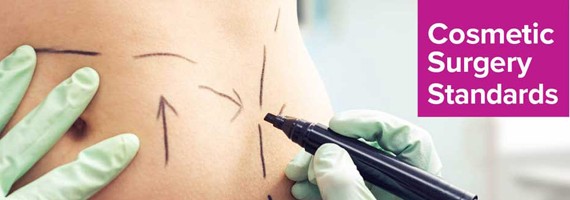 Image of pen markings outlining a tummy tuck labelled Cosmetic Surgery Standards 