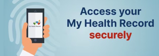 access your My Health Record securely, with an image of a hand holding a phone